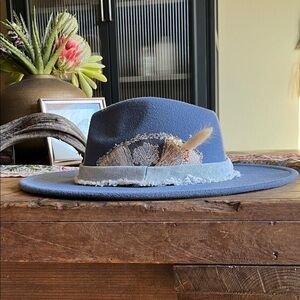 Stylish Blue Wool Fedora Hat with Decorative Band
